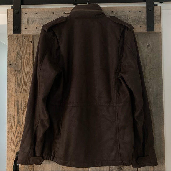 Women’s XL OBEY PROPAGANDA MILITARY SPEC Brown Leather Look Cargo Jacket Hood EC - Picture 9 of 16